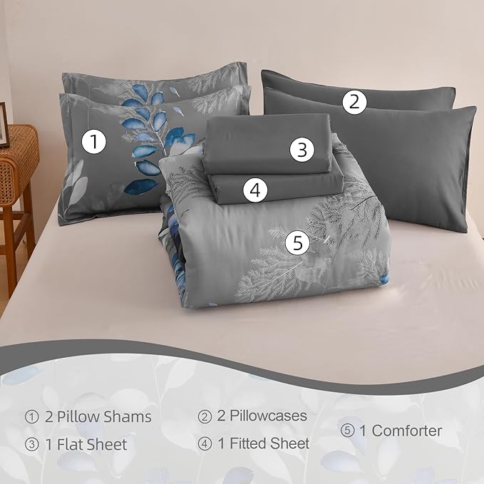 Anibedding Botanical Queen Comforter Set, 7 Piece Grey Blue Leaves Ultra Soft Microfiber Down Alternative Bedding Set with Sheets and Pillowcase for All Season