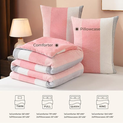 Litanika Fluffy Fleece Full Size Comforter Set, Luxury Soft Plush Fuzzy Blush Stripe Bedding Comforter Sets, Warm Shaggy Faux Fur Bed Set All Season (1 Comforter, 2 Pillowcases)