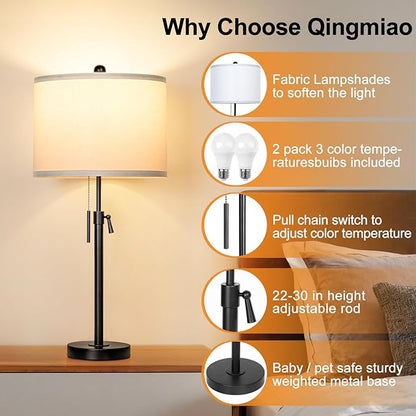 Table Lamps for Bedrooms Set of 2, 22" to 30" Height Adjustable Nightstand Lamps with Linen Shade, Pull Chain Switch Lamps for Living Room, 3 Way Dimmable Beside Lamp