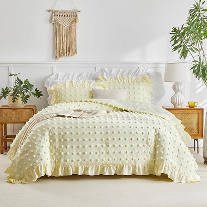 Tufted Dots Ruffle Comforter Set Full/Queen Size, 3 Pieces Yellow Vintage Farmhouse Shabby Chic Comforters, Jacquard Boho Bohemian Bedding Set for All Season (1 Ruffled Comforter+ 2 Pillow Shams)