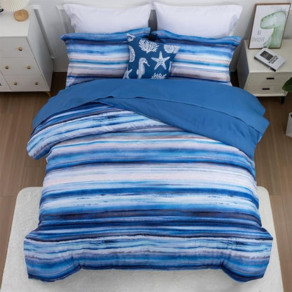 Holawakaka Beach Stripe Bedding Sets 6 Pieces, Blue Coastal Striped Comforter Set Queen Size All Season Geometric Bed Set, Nautical Bed in a Bag with Comforter, Sheets and Shams