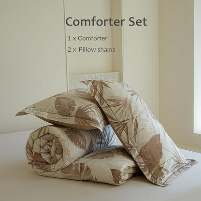 Cotton King Size Comforter Set, 3Pcs All Seasons Floral Duvet with Corner Tabs,Beige Soft Bedding Set, 1 Lightweight Comforter and 2 Pillow Shams