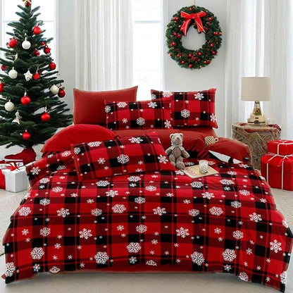 Nanko Merry Christmas Queen Size Comforter Set, Red and Black Grid Plaid Buffalo Check White Snowflake Pattern Reversible Down Alternative New Year Modern Bed Bedding Set for Women Men 90x90