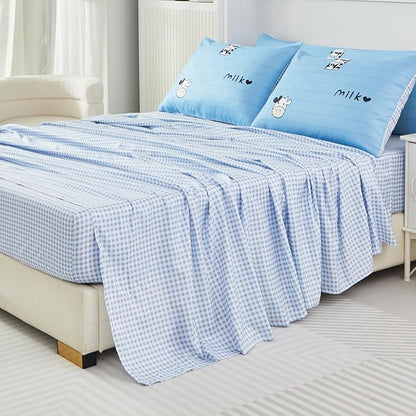 SUCSES 8 Pieces Blue Full Size Comforter Set Striped Western Kids Bedding Sets for Boys Girls Milk Cow Print Bed in A Bag with Comforter and Sheets (Blue, Full)