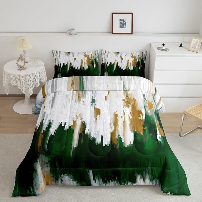 Erosebridal Dark Green Bedding Set Full Watercolor Graffiti Comforter Set, Striped Oil Painting Duvet Insert Aesthetic Modern Quilt Set, Ombre Brush Marks Contemporary Bedding Comforters & Sets