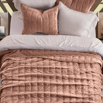 EVERGRACE 3 Pieces Luxurious Velvet Quilt Queen Size, Ultra Soft Bedspread Coverlet Set, Double Box Stitch Lightweight Velvet Comforter for All Season with 2 Shams, Terracotta Clay, 108"x96"