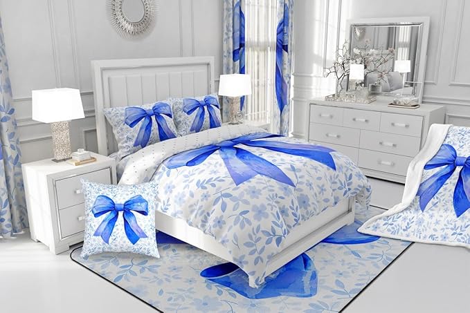 Erosebridal Blue Bow Bedding Set for Kids Boys Girls Teen,Bowknot Bedding Comforter Sets Cute Bow Tie Comforter Set Twin Size Watercolor Flower Plant Quilt Duvet Room Decor 1 Pillow Case