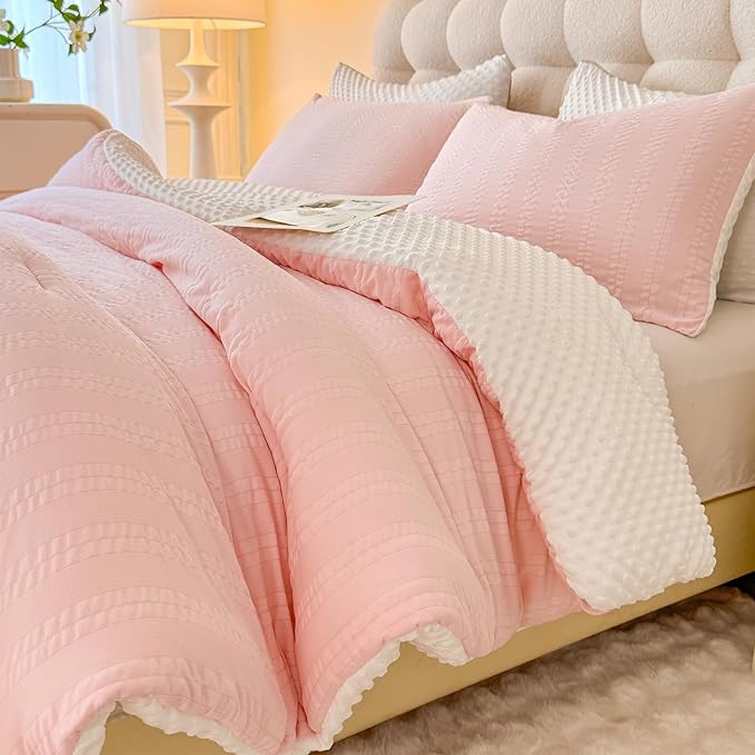 Boho Comforter Set Full Size Striped Pleats Bohemian Seersucker Bedding Set All Season Soft Cozy 3 Pieces Quilt with 2 Pillowcases(80"X90" Blush Pink)