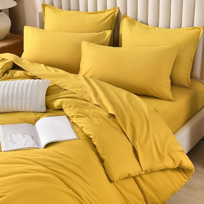 Litanika Comforter King Size Set Mustard Yellow - 7 Pieces Bed in a Bag King Bedding Comforter Sets, Plain Lightweight Bed Set with Comforter, Sheets, Pillowcases & Shams