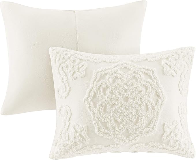 Madison Park Laetitia Comforter Bohemian Tufted Cotton Chenille, Medallion Shabby Chic All Season Down Alternative Bed Set with Matching Shams, Floral Off White Full/Queen(90"x90") 3 Piece