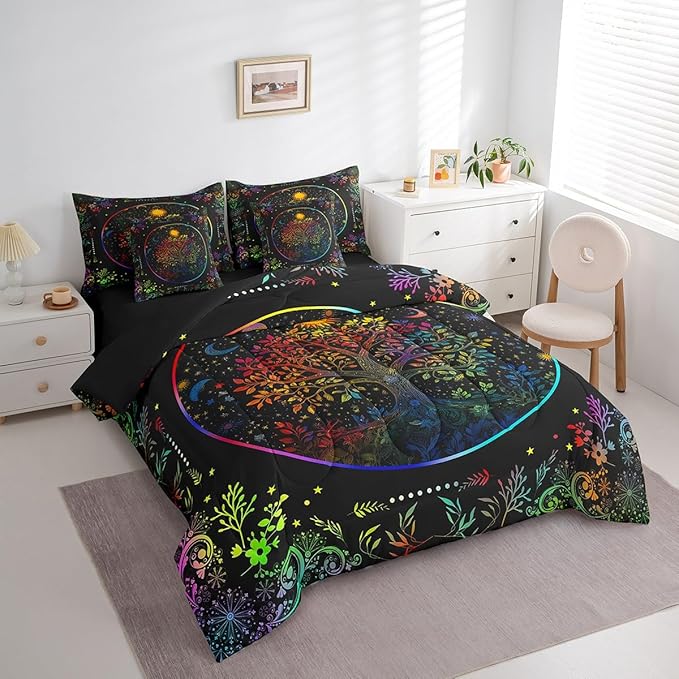 Erosebridal Life Tree 7 Piece Bedding Set Full Size,Sun and Moon Bed in a Bag,Exotic Neon Trees Bed Set Includes Comforter, Sheet Set, Pillowcases & Pillow Covers All Season Bedroom Decor