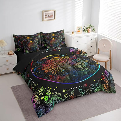 Erosebridal Life Tree 7 Piece Bedding Set Full Size,Sun and Moon Bed in a Bag,Exotic Neon Trees Bed Set Includes Comforter, Sheet Set, Pillowcases & Pillow Covers All Season Bedroom Decor