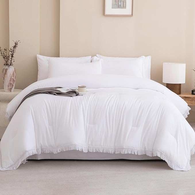 Andency California King Size Comforter Set with Sheets White - 7 Pieces Cal King in a Bag Boho Bedding Sets, White Fringe Bed Set with Comforter, Sheets, Pillowcases & Shams