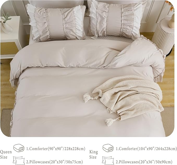 Herside Beige Ruffle Comforter Set Queen Size,Boho Shabby Chic Bedding Sets, Soft Fluffy Comforters Sets for All Season,Vintage Ruffled 3 Pcs Microfiber Lightweight Quilt Set Gift for Women Girls