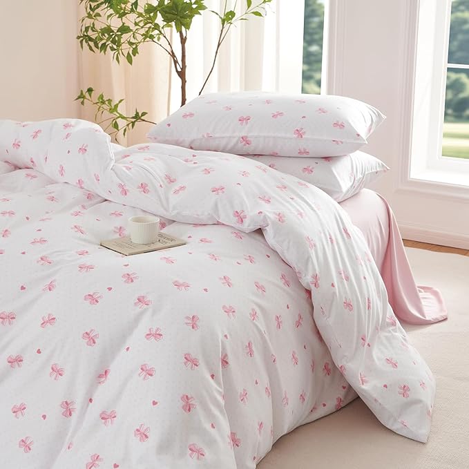 Nayoroom Pink Bow Comforter Set Queen Size Heart Bowknot Printed Coquette Bedding Set 3 Pcs Kids Girls Cute Comforter for All Seasons (1 Comforter, 2 Pillow Shams)