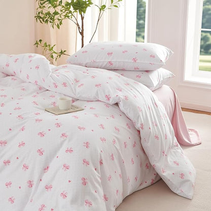 Nayoroom Pink Bow Comforter Set Queen Size Heart Bowknot Printed Coquette Bedding Set 3 Pcs Kids Girls Cute Comforter for All Seasons (1 Comforter, 2 Pillow Shams)