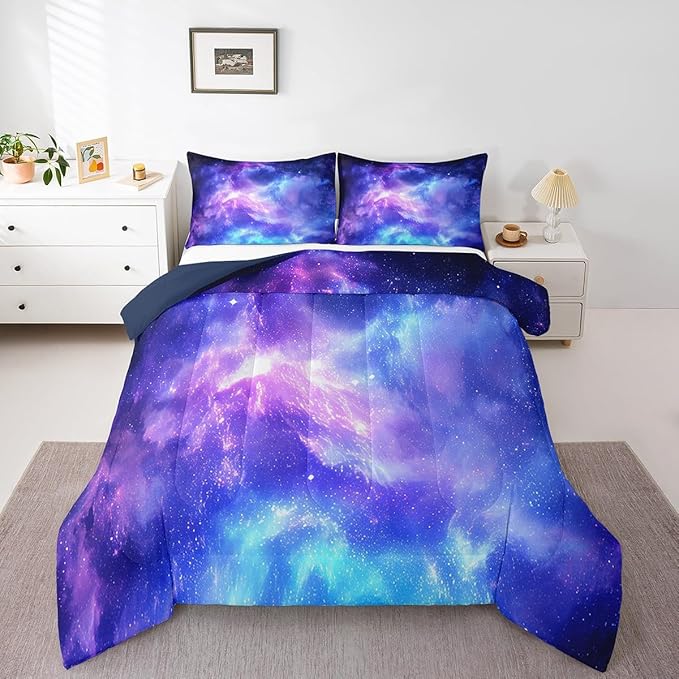 Erosebridal Purple Galaxy Bedding Down Comforter Set Kids Teens Girls Boys Starry Sky Space Universe Star Design Comforter Set,Soft Home Decorative 3 Pcs Bedding Set with 2 Pillowcases,Full Size