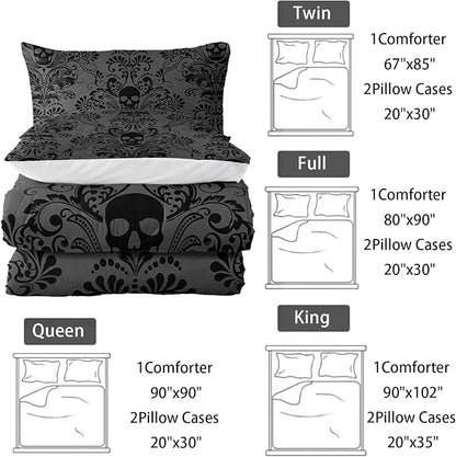 Adults Black Gothic Comforter Set Full Size,Vintage Damask Floral Bedding Set 3Pcs,Bohemia Bedding Set Goth Skull Printed Quilted Set for Teens Adult with 1 Comforter and 2 Pillowcase