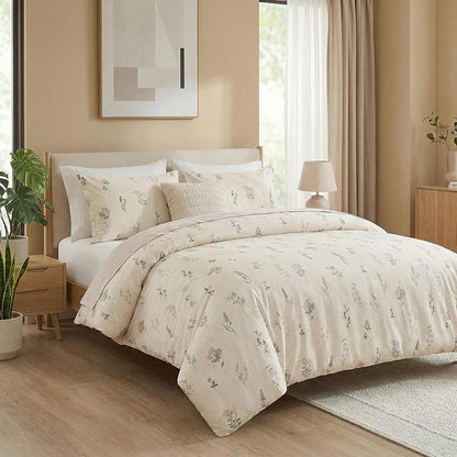 100% Cotton Comforter Set King Size Cute Floral Bedding Comforter Sets 3 Pieces Chic Garden Printed Comforter Sets Breathable Soft Reversible Botanical Comforter(Floral, King)