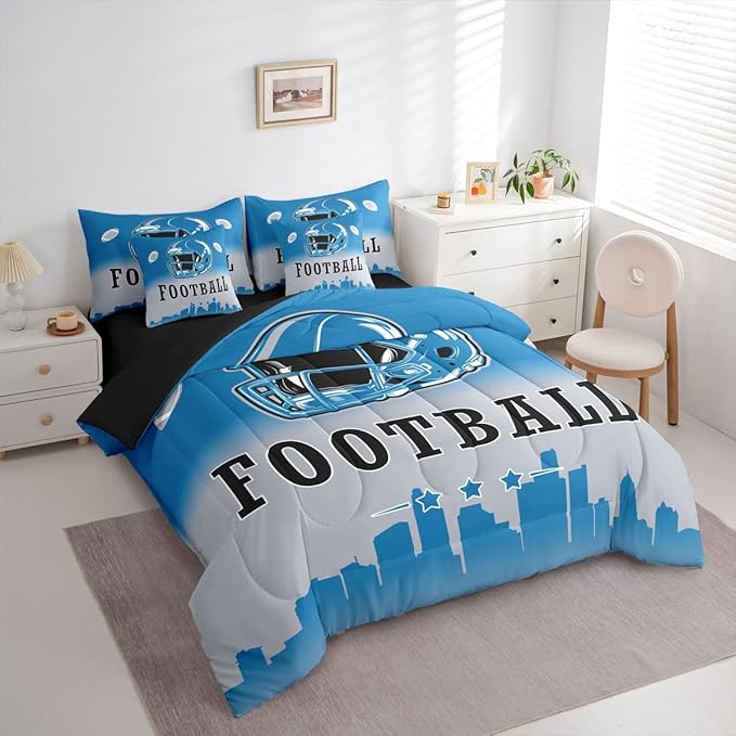 Erosebridal Football Full Bed in A Bag American Rugby Sports 7 Pcs Bedding Set Sports Games Comforter Set with Sheets for Kids Boys Teen,Blue Grey Ombre Football City Sheet Set with Comforter