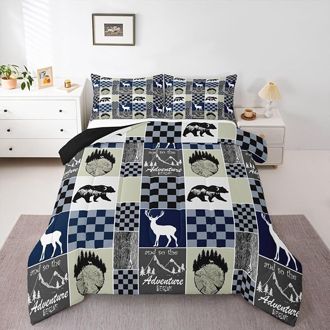 Retro Farmhouse Cabin Comforter Set, Rustic Bear Deer Quilt Queen Size, Camping Lodge Forest Bedding Hunting Animal Blue Plaid Duvet Insert For Kids Teens Adult Bedroom Decor, Cabin Gifts For Men