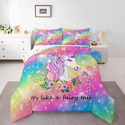 Unicorn Gifts for Girls,Kawaii Comforter Set Glitter Galaxy Bedding Set for Kids Toddler,Cartoon Magical Animal Duvet Insert Cute Horse Quilt Twin,Rainbow Unicorn Room Decor for Girls Bedroom
