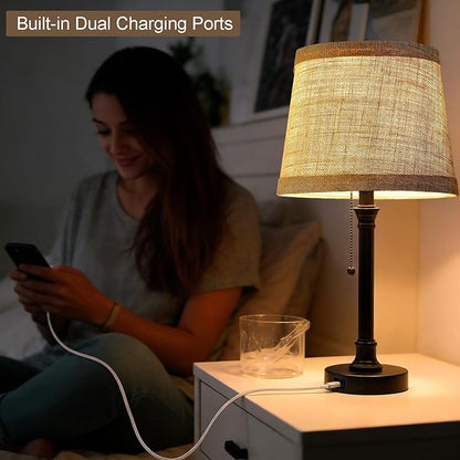 Oneach 19.5" Small Table Lamp with USB A+C Charging Ports, Black Modern Rustic Bedside Lamp with Natural Shade, Black Metal Pull Chain Desk Lamps for Living Room, Bedroom, Nightstand