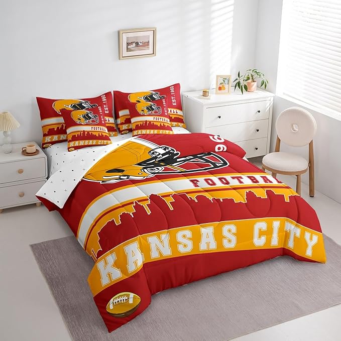 Erosebridal Football 7 Pcs Comforter Set Queen Football Fans Bedding for Kids Footballs City Sheet Set Bed in A Bag Red Yellow Rugby Competition Room Decor Sports Ball Game Bed Set