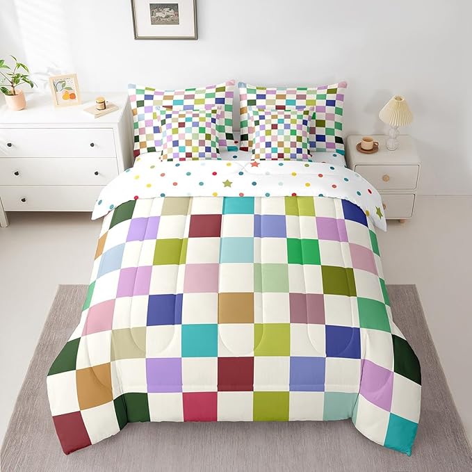 Feelyou Colorful Checkered 7 Piece Bedding Set Teen Retro Modern Geometric Colorful Comforter Set with Sheets King Size Kids Boys Cute Neutral Plaid Bed in a Bag Vintage Aesthetic Room Decor