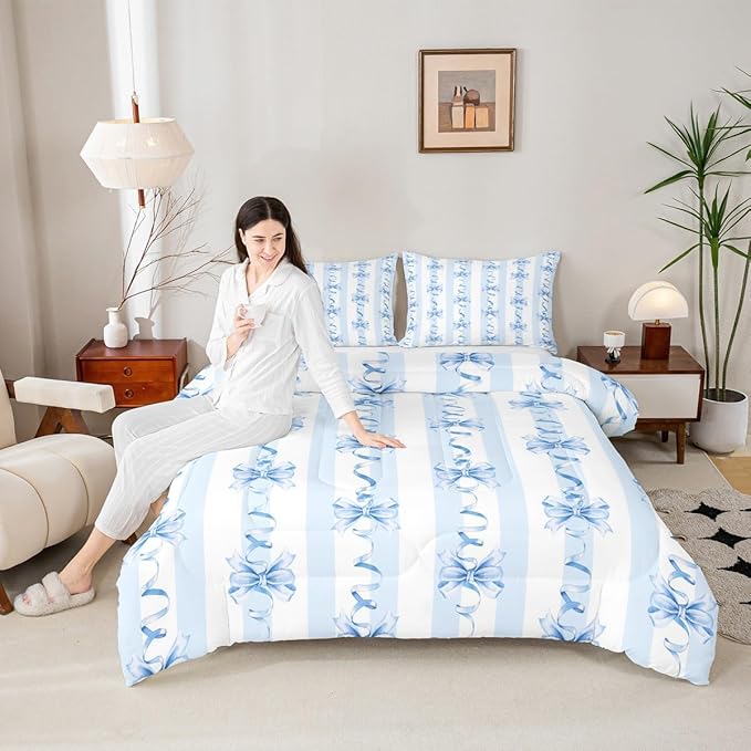 Erosebridal Blue Bowknot Comforter Set King Cute Kawaii Bow Bedding Set for Girls Princess Room Decor,Blue Coquette Bowknot Comforter Geometric Spiral Striped Butterfly Knot Bed Set
