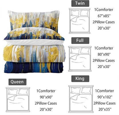 Blue White Gold Gradient Color Print Comforter Set Queen Size,Abstract Art Bedding Set,Patchwork Printed Quilted Set for Teens Adult,with 1 Comforter and 2 Pillow Case