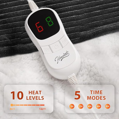 Homemate Electric Heated Blanket Full Size - 72"x84" Heating Blanket Full Size 1/2/4/6/8 Hours Auto-Off 10 Heat Level Over-Heat Protection Soft Flannel Sherpa ETL Certification