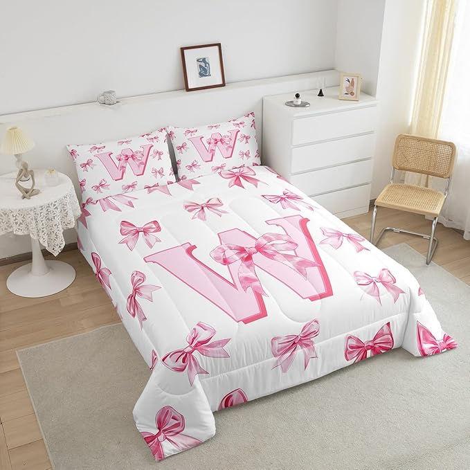 Erosebridal Pink Bowknot Toddler Bedding Set for Girls,Initial Letter W Comforter Set for Kids Teen Women,Pink Watercolor Monogrammed Bedding Comforter Sets Dreamy Princess Bow Quilt Duvet Room Decor