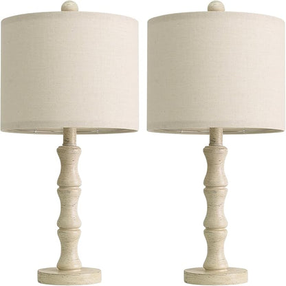 BOBOMOMO 20.5" Farmhouse Bedside Lamps Set of 2, Vintage Nightstand Lamps with Antique White Resin Base & Linen Shade, Small Table Lamps for Bedroom, Living Room, Nursery & Light Neutral Home Décor