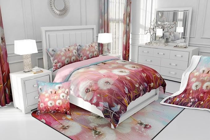 Dandelion Kids Comforter Toddler,Botanical Leaves Plants Bedding Set for Girls Youth Bedroom Decor,Pink Gradient Sky Reversible Quilt Sets,Farmhouse Style Bedding Comforter Set,Soft Fluffy