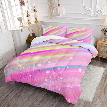 Pink Rainbow Gradient Star Comforter Set Twin Size,Colorful Bedding Set for Boys Girls Teens,Tie Dye Pastel 3 Pieces Duvet Sweet Bedroom Decor