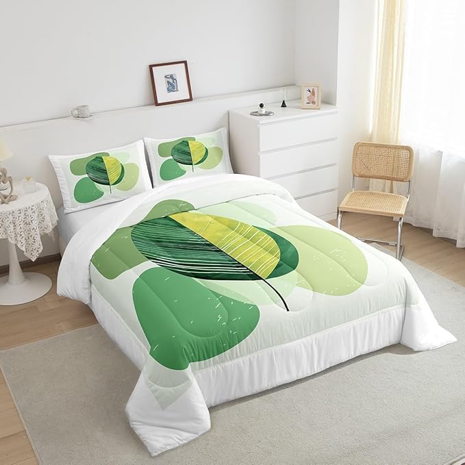 Erosebridal Green Modern Bedding Set Queen Mid Century Comforter Set, Hippie Minimalist Duvet Insert Abstract Leaves Down Comforter, Aesthetic Geometric Bedding Comforter Sets White Bedroom Decoration