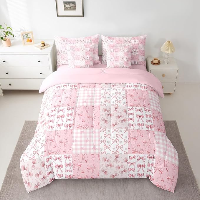 Feelyou Pink Bow Comforter Set with Sheets King Size Kids Bowknot Plaid 7 Pieces Bedding Set for Boys Girls Teens Gift for Girls Women Grid Bed in a Bag Breathable Princess Décor Bed Set