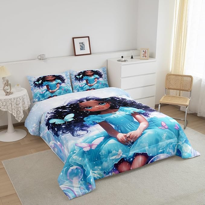 Pretty Girl Kids Bedding Sets Toddler Size,Dreamy Fairy Princess Style Cute Reversible Comforter Set for Bedroom Butterfly African Style Blue Black Quilt Set Soft Duvet Insert,1 Pillowcase