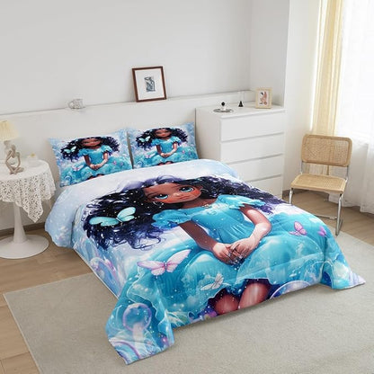 Pretty Girl Kids Comforter Set King Size,Dreamy Fairy Princess Style Cute Reversible Quilted Duvet with 2 Pillowcases Butterfly African Style Blue Black Down Comforter for Boys Teens Bedroom