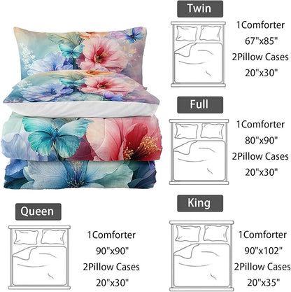 Colorful Flower Comforter Set King Size 3 PCS Bed in a Bag,Cute Floral Butterfly Bedding Set for Girls Teens,Ultra Soft Microfiber Comforter Bed Set with 3-Pieces, Floral Bedroom Decor