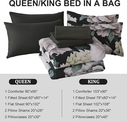 Dobuyly Black Comforter Set Queen 7 Piece Bed in a Bag, Floral Comforter Set with Sheets, Soft Microfiber Botanical Flower Bedding Set for All Season