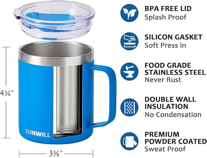 SUNWILL Insulated Coffee Mug with Lid, Travel Tumbler with Handle, 14 oz Stainless Steel Cup for Camping, Office, Home, Powder Coated Royal Blue
