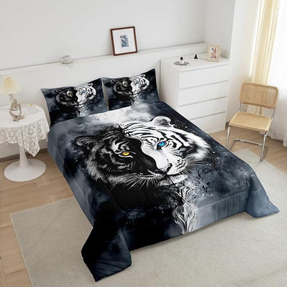 Erosebridal Boys Tiger Bedding Set Twin Size, African Safari Animal Comforter Set Exotic Wildlife Down Comforter Black White Soft Microfiber Quilt for Adult Teens Youth Men Bedroom Decor