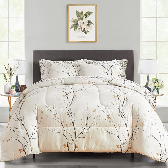 UOZZI BEDDING Cream White Bed in a Bag Twin 6 pc Branch Style All Season Soft Microfiber Reversible Bed Comforter Set (1 Comforter 2 Pillow Shams 1 Flat Sheet 1 Fitted Sheet 1 Pillowcases)