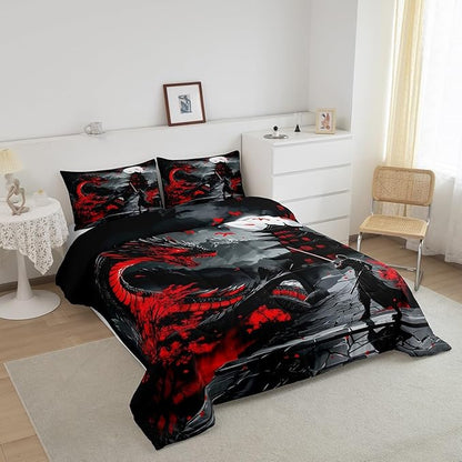 Erosebridal Dragon Bedding Set Queen Size, Japanese Style Comforter Set for Teens Youth Adult Men Room, Ancient Animal Quilt, Retro Wildlife Ukiyo-E Down Comforter, Black Grey Red