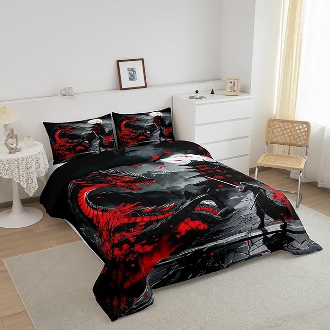 Erosebridal Dragon Bedding Set Toddler Size, Japanese Style Comforter Set for Teens Youth Adult Men Room, Ancient Animal Quilt, Retro Wildlife Ukiyo-E Down Comforter, Black Grey Red