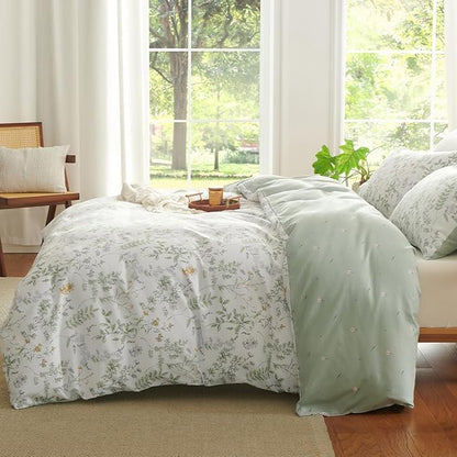 Botanical Comforter Set Queen Sage Green Reversible Floral Bedding Set Farmhouse Leaf Bedding 3Pcs Modern Aesthetic Comforter with 2 Pillowcases Ultra Soft Breathable