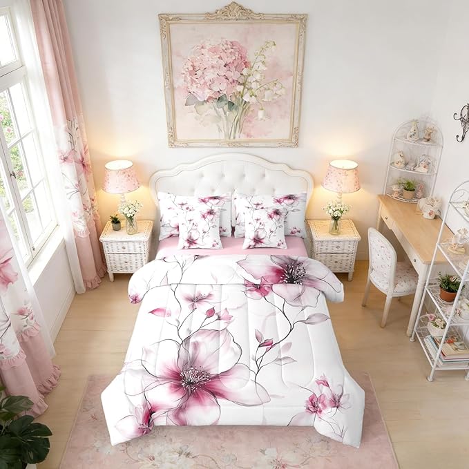 Erosebridal Pink Flower Comforter Set with Sheets Full, Elegant Boho Floral 7 Pcs Bedding Set for Young Women Adults Girls, Watercolor Flower Bed Sets, Ink Painting Style Blossom & Leaf Bed in A Bag