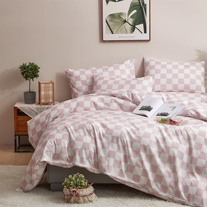 Houseri Pink Plaid Comforter Set Full White and Light Pink Buffalo Checkered Bedding Full Size Teen Girls Baby Pink Checkerboard Dorm Bed Quilt Soft Comfy Preppy Pale Pink Grid Comforters Full